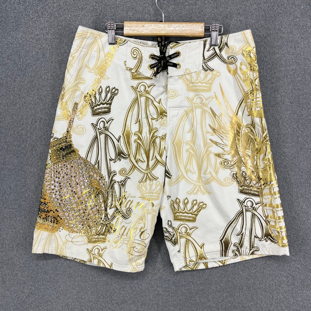 Ed Hardy Christian Audigier Board Shorts Mens 30 White Gold Crown Y2K Luxury